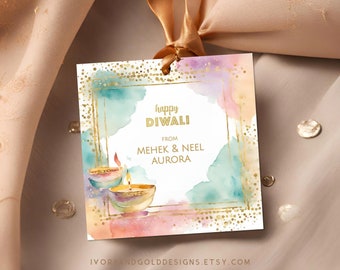 Diwali Gift Tag: Pastel Gold Diyas, Editable Corjl Template (Digital Download)