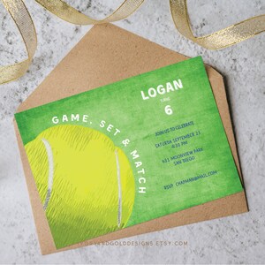 Carte modifiable d'invitation à une fête de tennis, invitation d'anniversaire sport, jeu de balle, bricolage instantané Corjl modifiable | Ivoire et or 3014 A IN