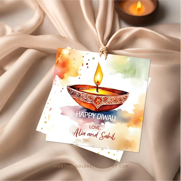 Diwali Gift Tag, Editable Watercolor Diya Indian Desi Festive Party Goodie Bag Tag Enclosure Card Corjl Template | Ivory and Gold 3455 GT