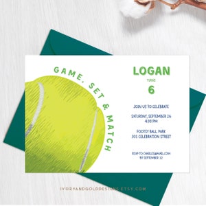 Tennis Party Einladung Sport Geburtstag einladen Ball Spiel Match Karte, DIY Sofort-Download Corjl editable | Elfenbein und Gold 3014 IN