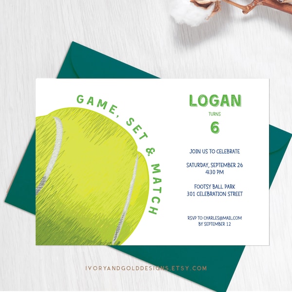 Editable Tennis Party Invitation Sport Birthday Invite Ball Game Match Card, DIY Instant download Corjl editable | Ivory and Gold 3014 IN