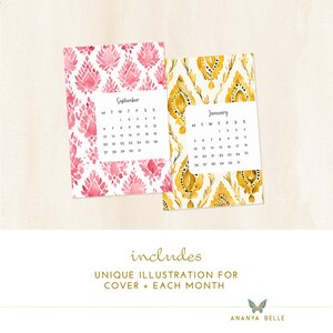 May include: Two watercolor calendars with floral patterns. One features a pink design, the other a yellow design. Each calendar shows a month with the days of the week. The text "includes unique illustration for cover + each month" is also visible.