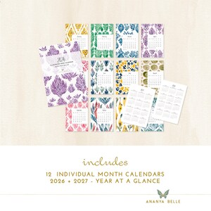 May include: A collection of 12 individual month calendars for 2026 and 2027, featuring floral and geometric designs in various colors. The calendars are arranged on a cream-colored surface, with the text "2026 Illustrated Desk Calendar" visible.