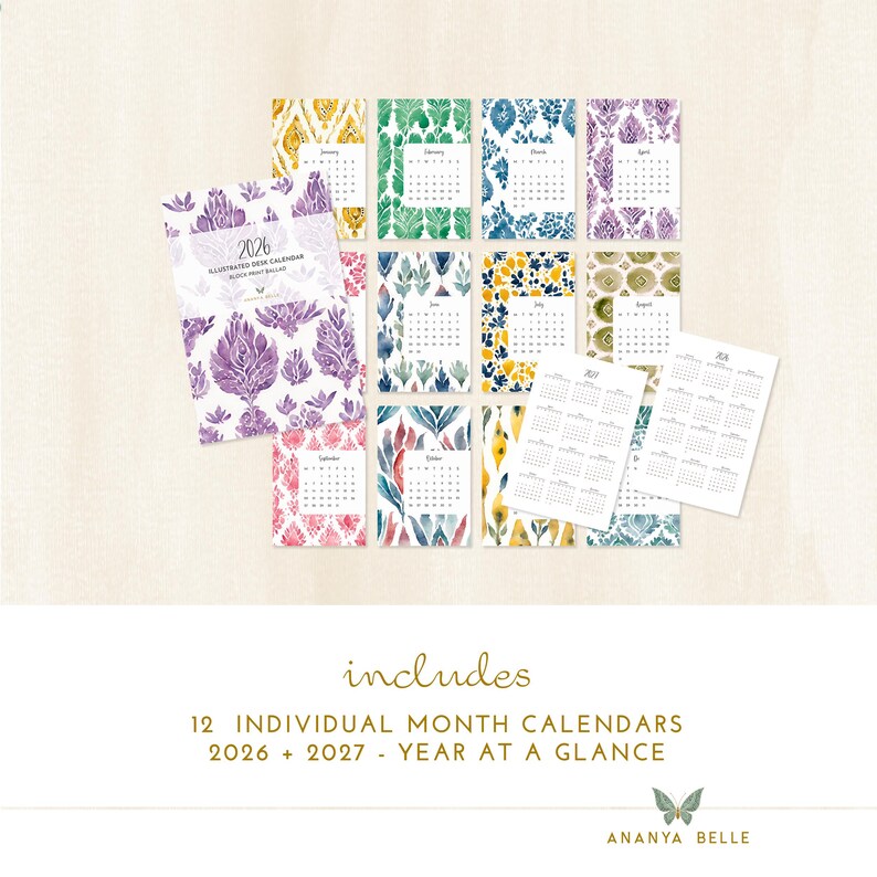May include: A collection of 12 individual month calendars for 2026 and 2027, featuring floral and geometric designs in various colors. The calendars are arranged on a cream-colored surface, with the text "2026 Illustrated Desk Calendar" visible.