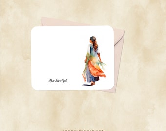 Personalized Indian Woman Stationery {Note Cards with Envelopes, Desi Girl, Diwali Thank You, Festive Greetings, Gift for Bridesmaid} 3665