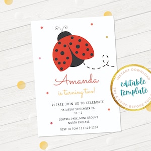 Ladybug Party Invitation Garden Birthday Invite Red Ladybug Summer Insect Bugs Critters, Editable DIY Corjl | Ivory and Gold 3015 IN
