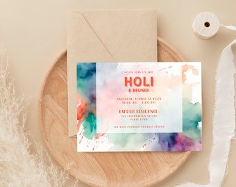 Holi Invitation {Editable Indian Invite, Watercolor Art Birthday, Paintball Party, DIY Instant Download Template, Corjl} Ivory and Gold 3931