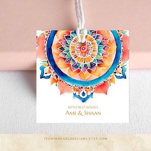 Etiqueta de presente de mandala | Etiqueta de presente de retorno indiana, agradecimento de casamento Desi, impressão Rangoli colorida, etiqueta para impressão, Corjl | 3624