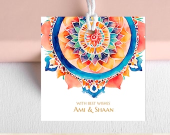 Mandala Gift Tag | Indian Return Gift Tag, Desi Wedding Thank You, Colorful Rangoli Print, Printable Label, Corjl | 3624