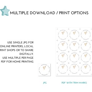 May include: A white sheet with multiple circular stickers featuring a gold heart and the words "handmade with love". The image also includes text that says "Multiple Download / Print Options".