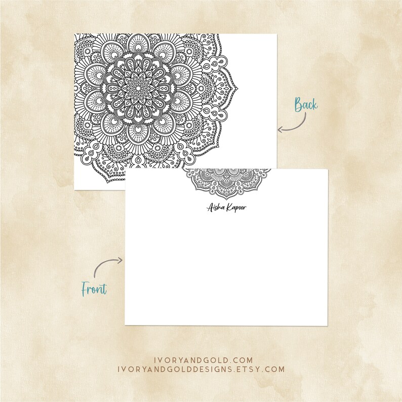 Mandala Note Card Set personalized Indian Art Stationery, Custom Name