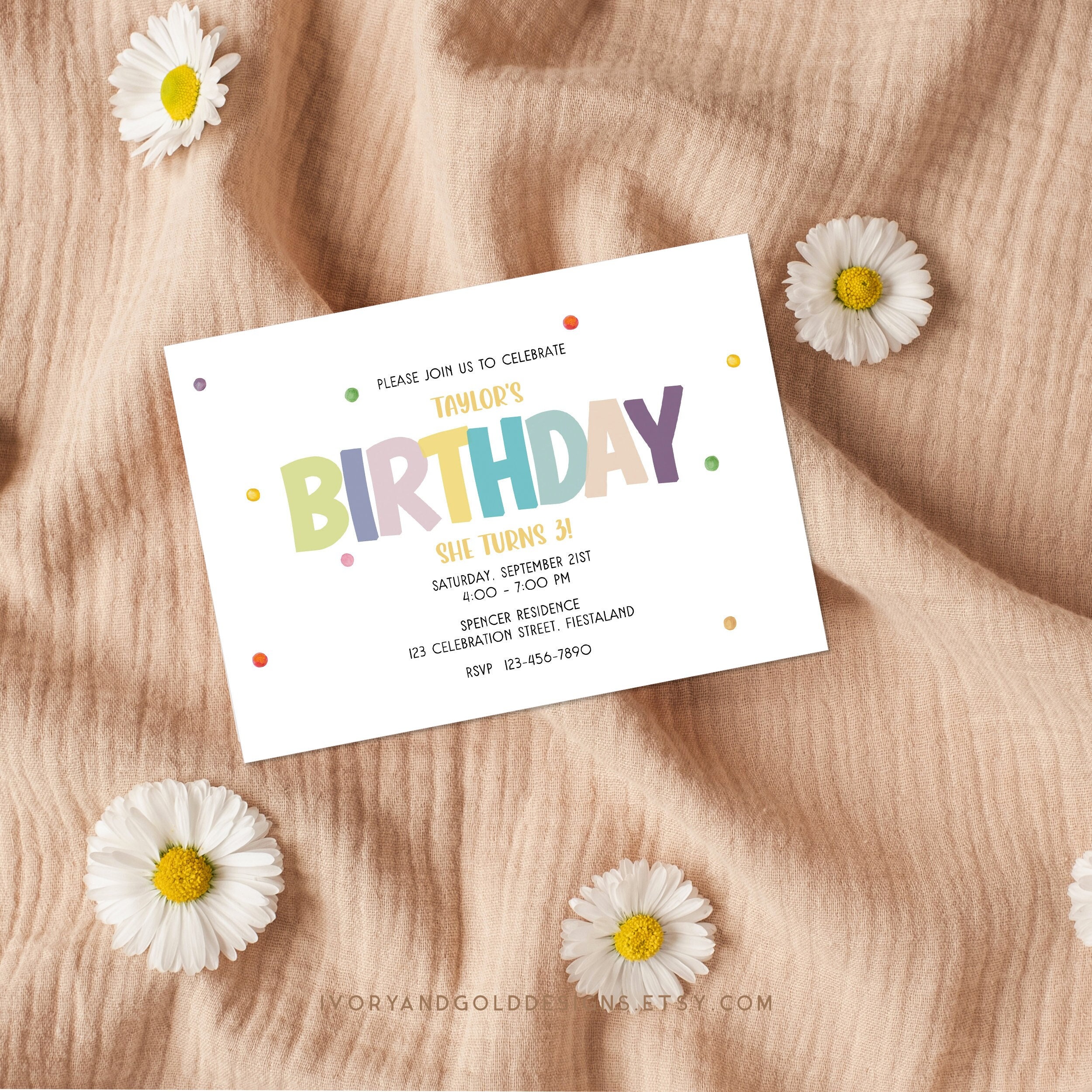 Editable Confetti Birthday Invitation Multi-colored Unisex Birthday ...