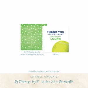 Editable Tennis Party Printables Thank You Gift Tag Favor Bag Tag ...