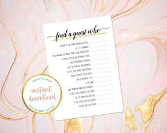 Bridal Shower Game, Wedding Shower Game, Wedding Game, Wedding Printable, Printable Game, Gold Printable, Find A Guest Game