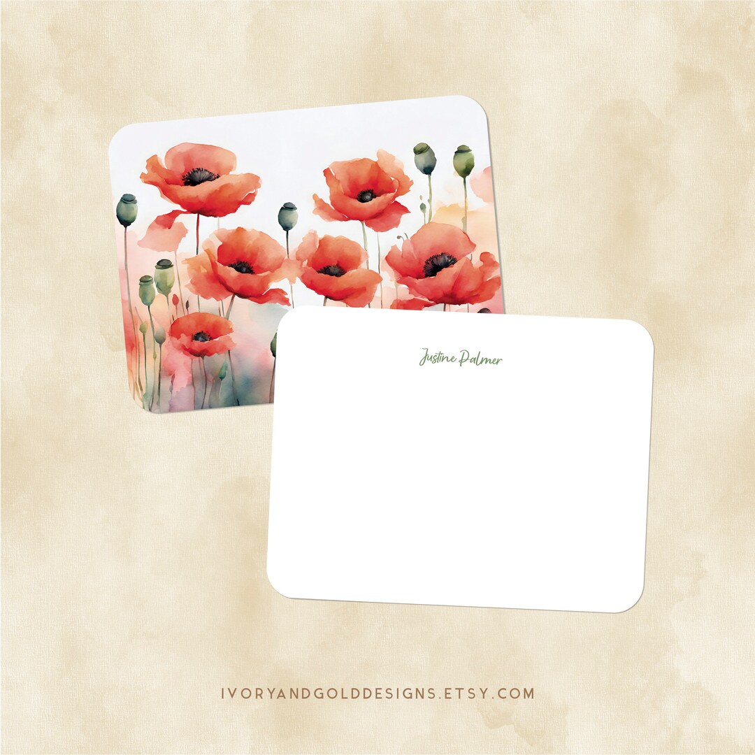 Personalized Floral Stationery Set red Poppy Thank You Note, Flower