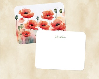 Personalized Floral Stationery Set {Red Poppy Thank You Note, Flower Note Cards, Botanical Print Card, Hostess Gift, Gift for Her} 3730