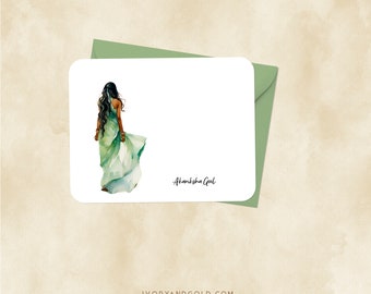 Personalized Indian Woman Stationery {Note Card with Envelope, Desi Girl, Wedding Thank you, Diwali Greetings, Gift for Bridesmaid} 3661