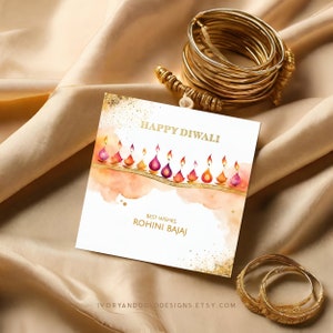 Diwali cadeaukaartje aquarel diyas kleurrijk hedendaags modern Indiase desi afdrukbare bewerkbare kaart Corjl-sjabloon | Ivoor en goud 3489 GT