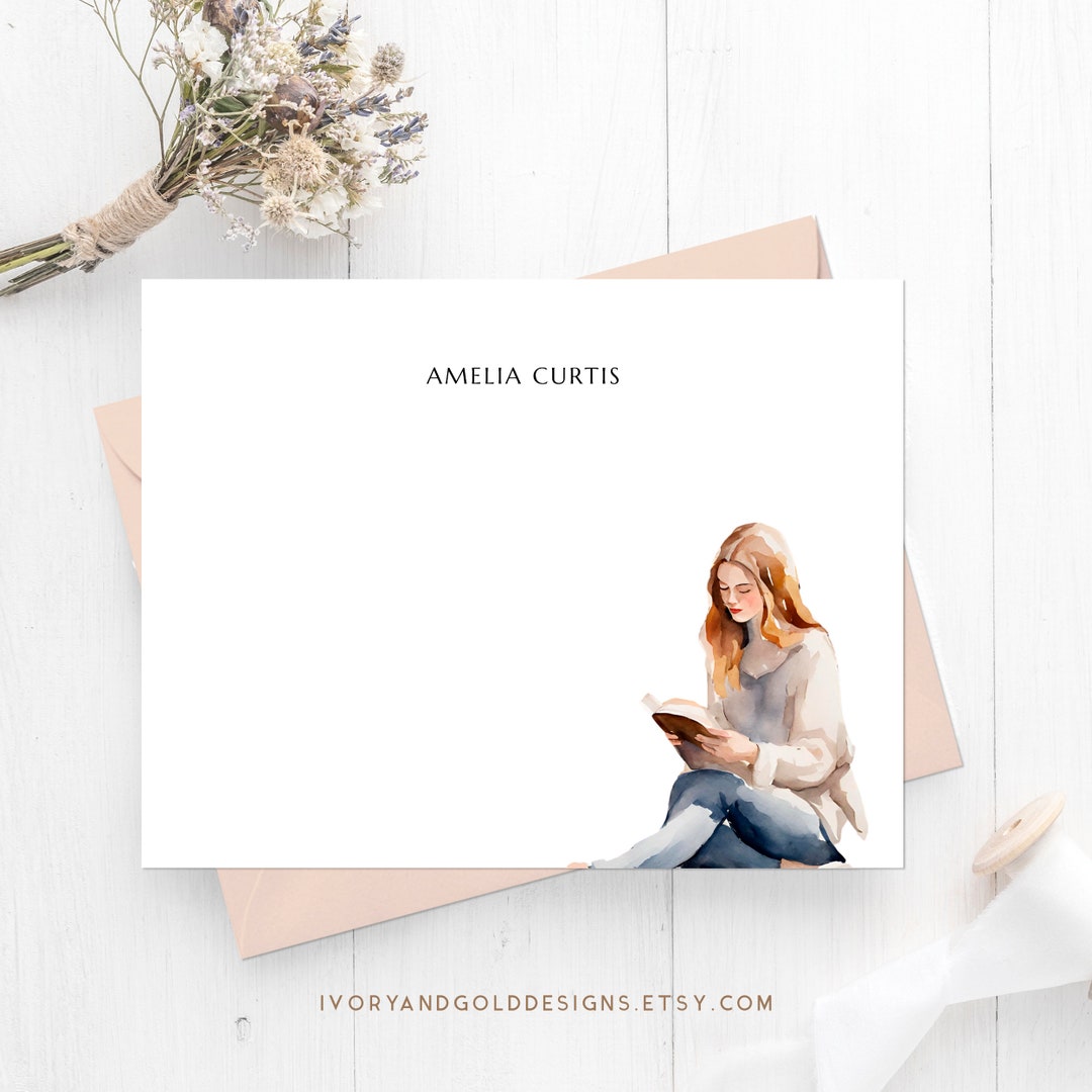Personalized Notecard Book Lover custom Notecard, Watercolor
