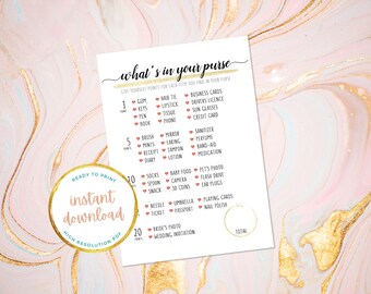 Bridal Shower Game, Wedding Shower Game, Wedding Game, Wedding Printable, Printable Game, Gold Printable, Whats in Your Purse Game