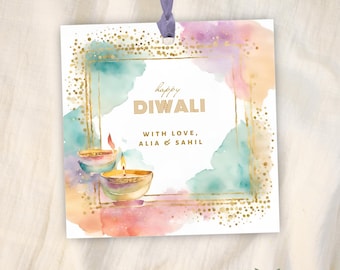 Diwali Gift Tag: Pastel Gold Diyas - Editable Canva Template | 3493