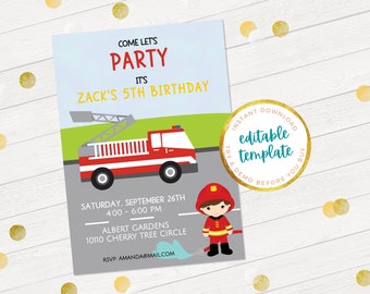 Firefighter Birthday Party Invitation, Fire Engine Party Invite, DIY Instant download, Corjl editable template | Ivory and Gold 3009 IN