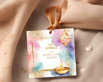 Editable Diwali Gift Tag: Pastel Gold Diyas, Modern Indian Design (Corjl Template)