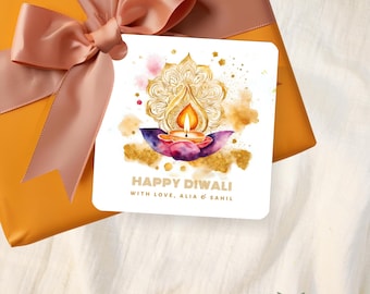 Diwali Gift Tag: Watercolor Gold Diya - Editable Canva Template | 3457