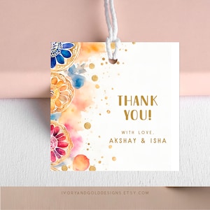 Etiqueta de presente indiana | Etiqueta de presente de retorno, etiqueta de agradecimento para lembrancinhas de festa, casamento Desi, design para impressão do sul da Ásia, modelo editável | 3932