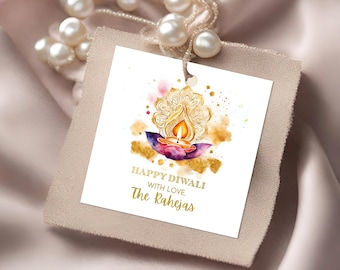 Watercolor Gold Diya Diwali Gift Tag: Editable Festive Card (Digital Download)