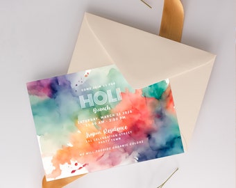 Holi Invitation {Editable Indian Invite, Watercolor Art Birthday, Paintball Party, DIY Instant Download Template, Corjl} Ivory and Gold 3930