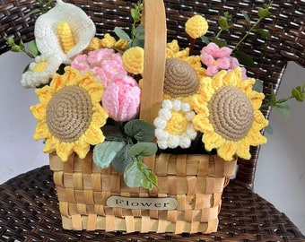 Crochet sunflower basket, crochet flower basket, handmade flower basket, flower basket home decor, flowers Bouquet