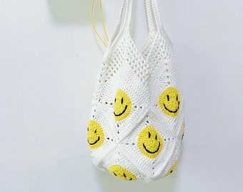Gehäkelte Smiley-Gesichtstasche, Amigurumi-Taschen, gehäkelte Umhängetasche, gehäkelte Einkaufstasche, Sommertasche, Einkaufstasche, Smiley-Gesichtstasche, personalisierte Tasche