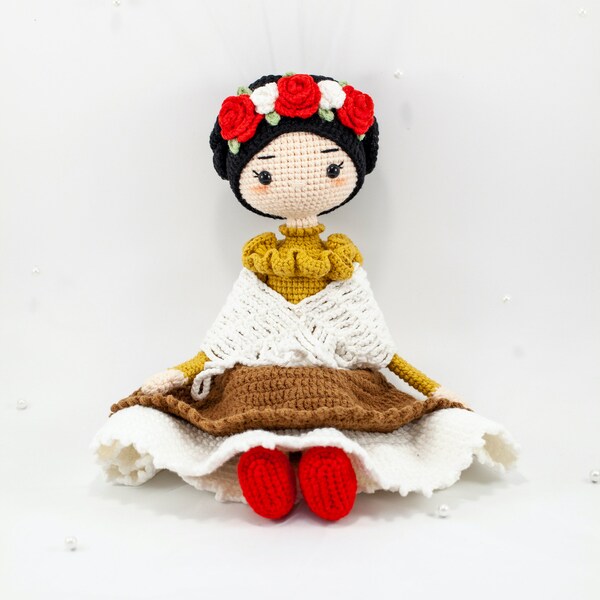 Crochet Frida Kahlo doll, handmade Frida Kahlo doll, amigurumi doll for sale, amigurumi Mexican doll, amigurumi Frida Kahlo