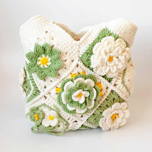 Handmade spring vibes mosaic flower bag, amigurumi floral shoulder bag, crochet bag, crochet shoulder bag, crochet tote bag, tote flower bag