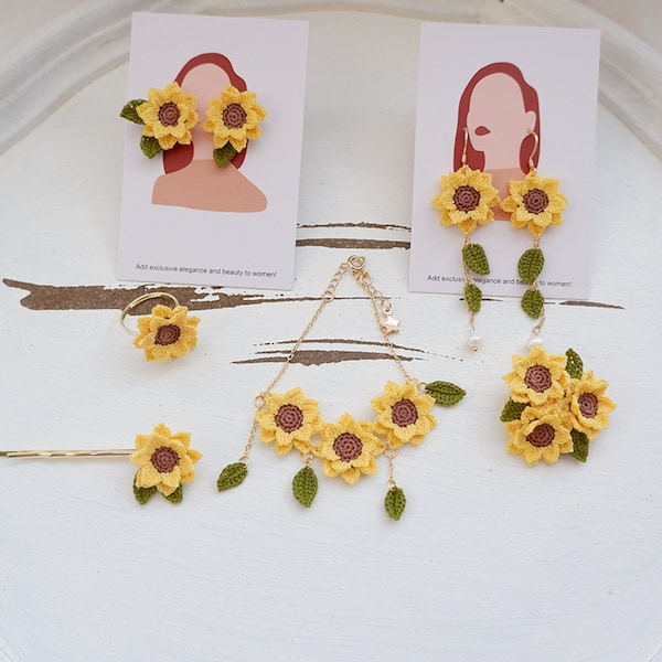 Crochet sunflower earrings, amigurumi sunflower earrings, sunflower earrings, handmade sunflower, sunflower bracelet, sunflower necklace