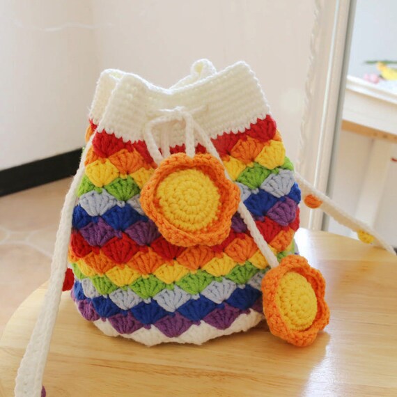 Crochet bag, Rainbow bag, Pattern No14, in both UK and US crochet terms