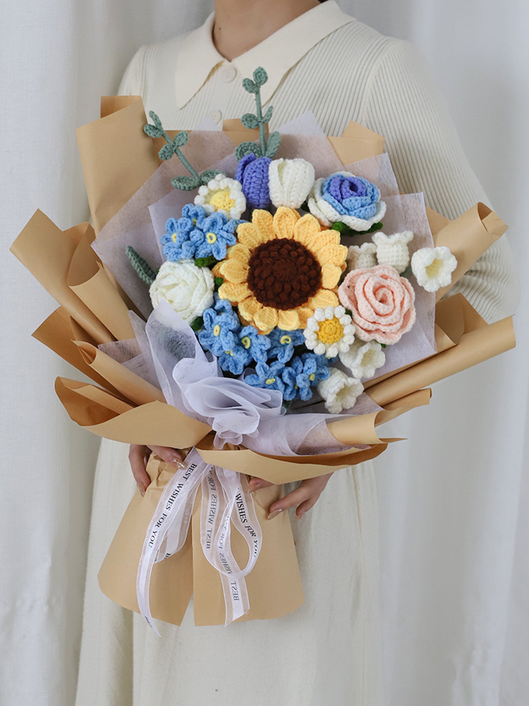Creative Flowers Bouquet Hand-woven Flower Bouquet Finished Crochet Flower  with Portable Paper Bag Party Decoration Gift 꽃다발 ブーケ - AliExpress