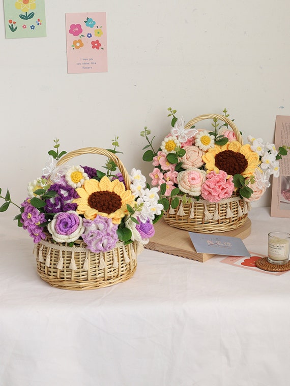 Crochet sunflower basket crochet flower basket handmade - Etsy 日本