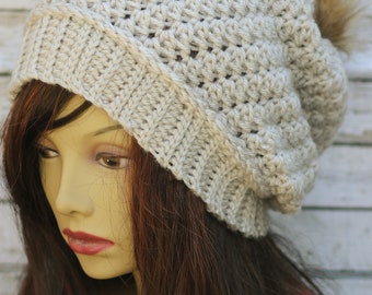 Knit Look Ribbed Crochet Slouchy Beanie with faux fur Pom Pom /Crochet beanie hat / Crochet slouchy  Hat / Crochet hat Pattern / Teen hat