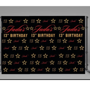 May include: A black backdrop featuring gold stars and the text "Jada's 13th Birthday" in red and gold. The backdrop is supported by a metal stand, ideal for a birthday celebration or event.