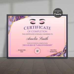 Printable Certificate of Completion for Lash Extension, Lash Certificate, Beauty Course, and Training Certificate - Editable in Canva