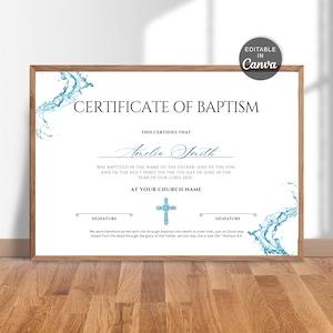 Plantilla de certificado de bautismo editable / Certificados de bautismo de bebé personalizados / Plantilla de iglesia / Certificado de bautismo imprimible / Canva