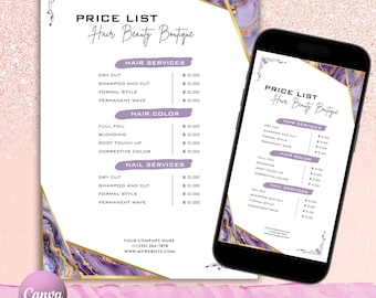 編集可能な美容サロン価格表テンプレート、DIY Canva（デジタル）