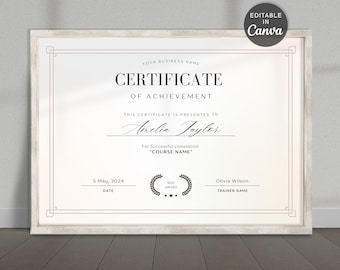Editable Course Completion Certificate Template, Printable Award (Canva, Instant Download)