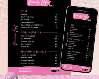 Bearbeitbare Schönheitssalon Preisliste Vorlage, DIY Canva Design