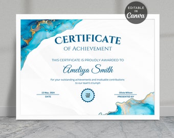 Marble Certificate Template, Achievement Award, Printable Canva (Digital Download)