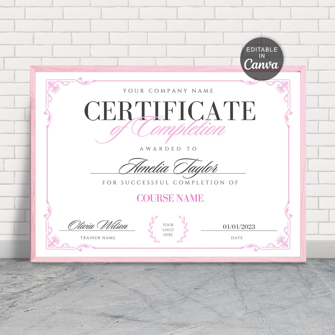 Pink Certificate of Completion Template, Editable Training Award (canva ...