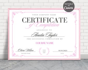 Pink Certificate of Completion Template, Editable Training Award (Canva)