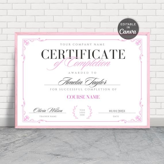 Pink Certificate of Completion Template, Editable Training Award (Canva)